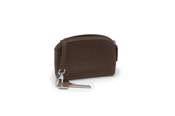 Mini-Geldbörse/Schlüsseltasche genarbtes Leder dunkelbraun – silber von KEINE SCHWESTER