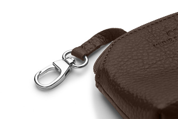 Mini-Geldbörse/Schlüsseltasche genarbtes Leder dunkelbraun – silber von KEINE SCHWESTER